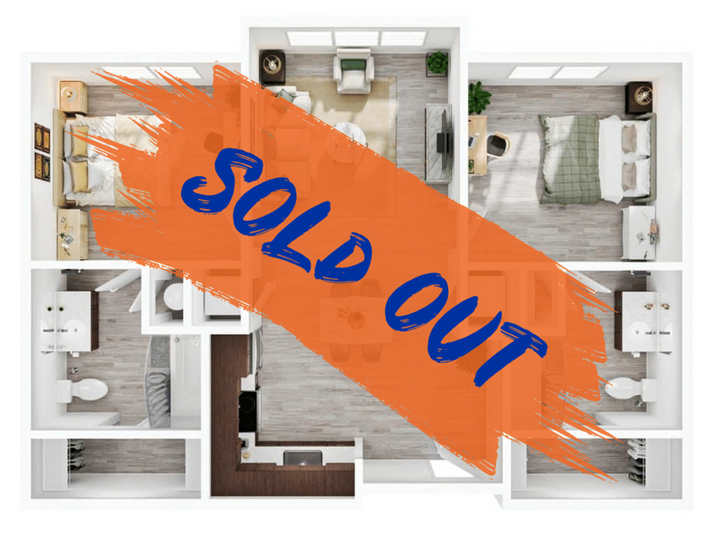 A 3D image of the 2BR/2BA floorplan, a 954 squarefoot, 2 bed / 2 bath unit